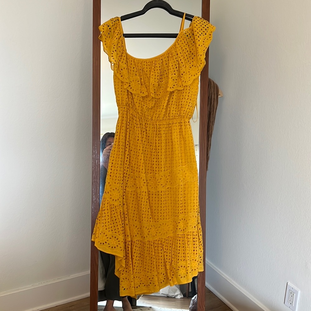 Joie Mustard Eyelet Ruffle Midi Dress